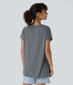 T-shirt Casual Relax à Col Rond Poche Poitrine Ourlet Fendu