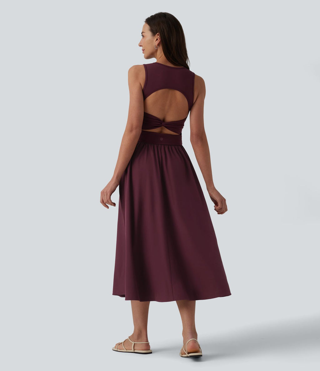 Robe mi-longue décontractée col rond sans manches découpes