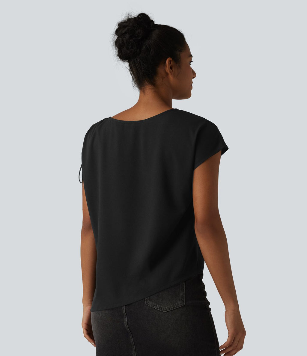 T-shirt tailleur en mousseline infroissable col bateau avec cordon de serrage et ourlet asymétrique