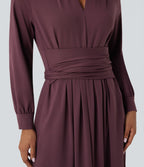 Robe de travail mi-longue col V manches longues liens dos avec poches