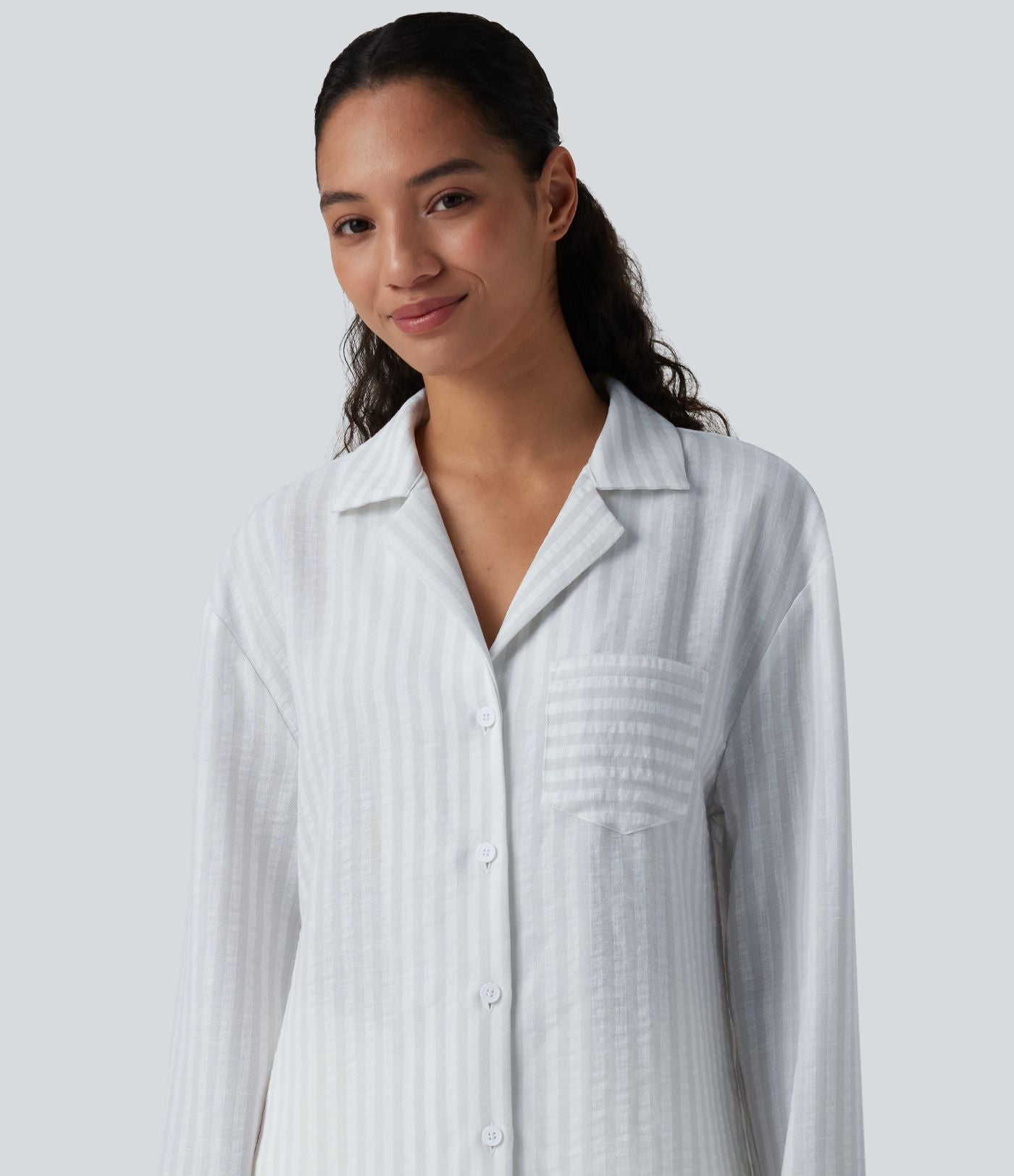 Chemise décontractée rayée col cranté manches longues aspect lin avec poche