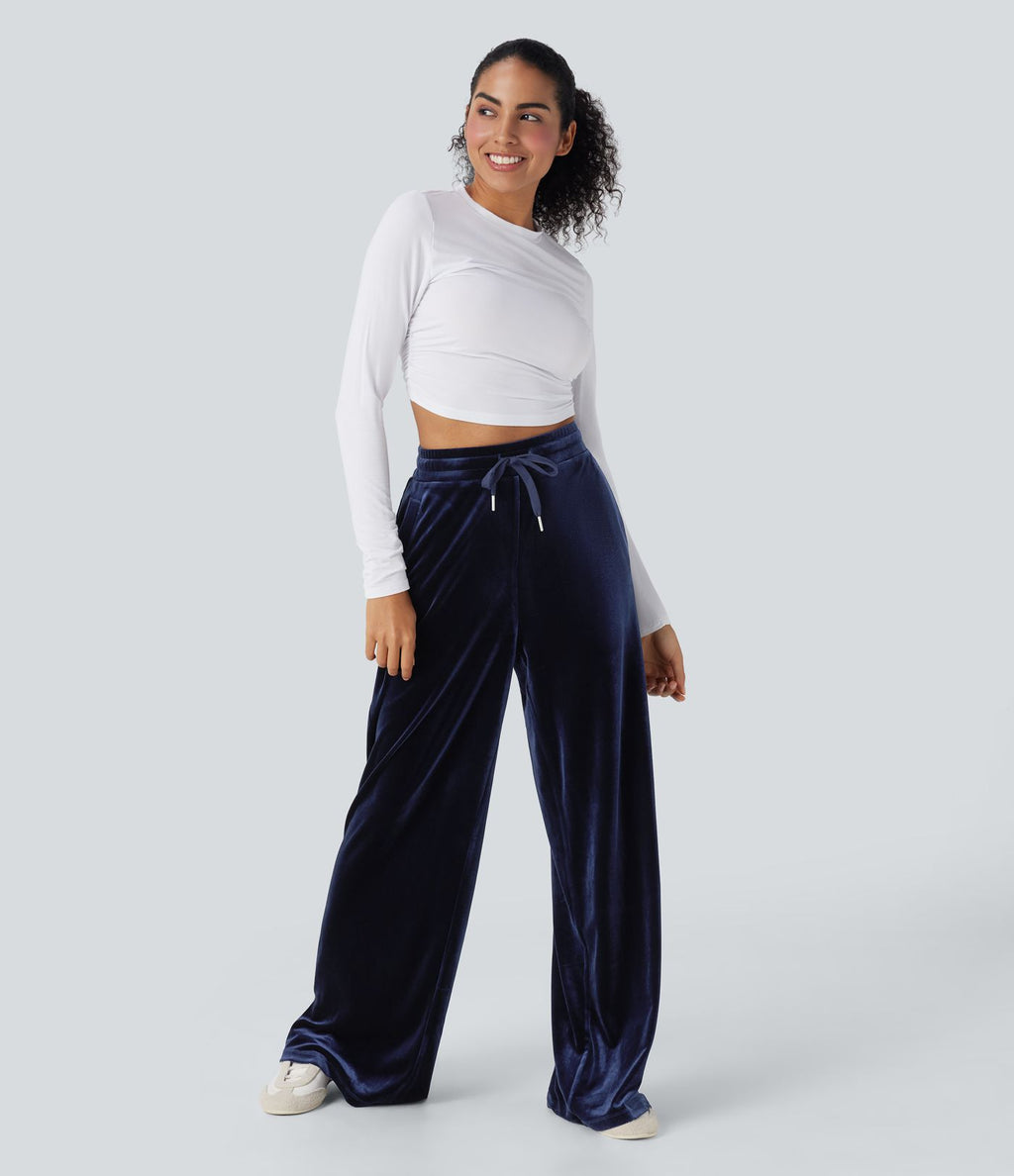 Pantalon décontracté large en velours, taille haute, avec cordon et poches