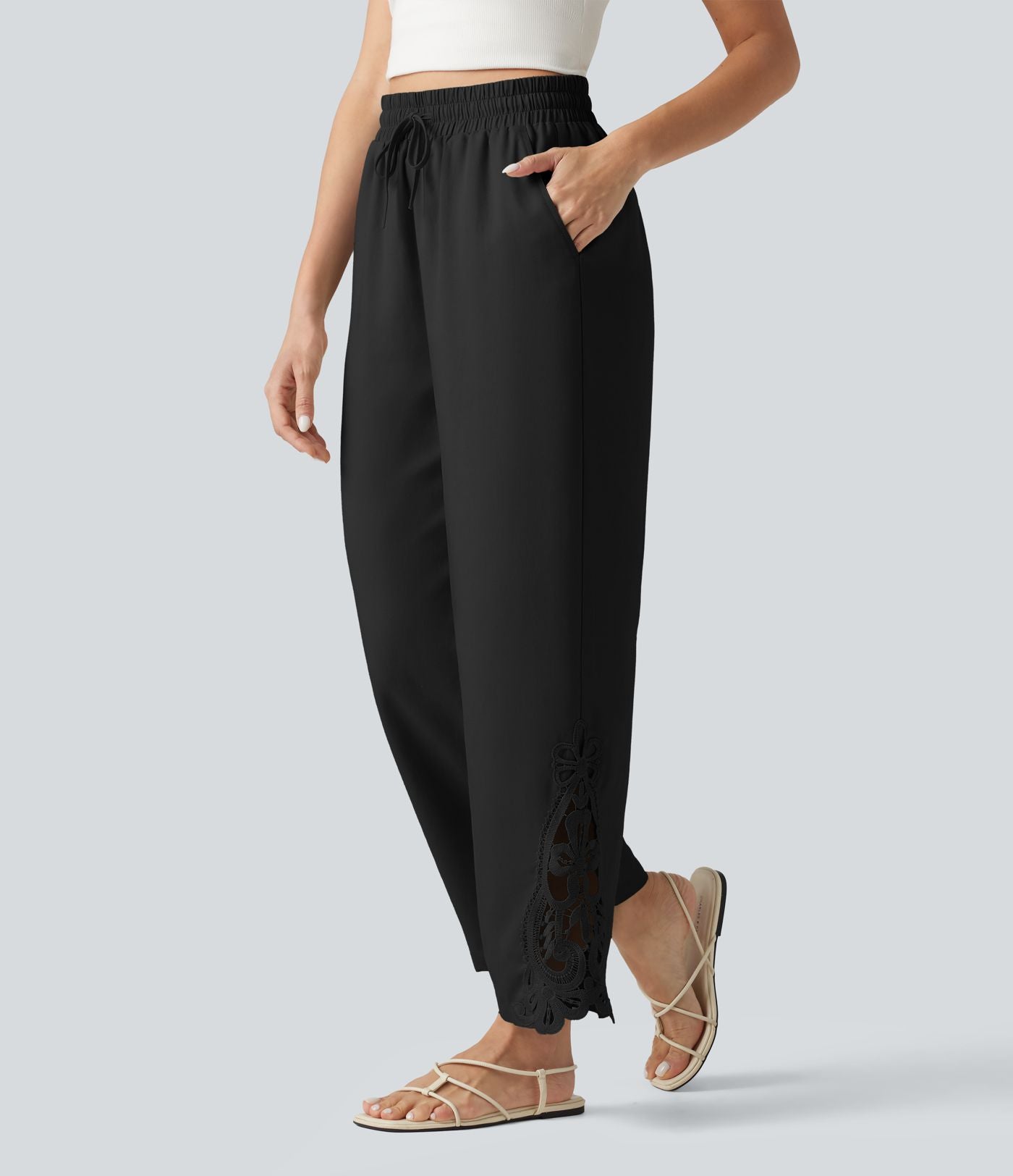 Pantalon large fluide décontracté taille haute à cordon de serrage en lyocell mélangé lin avec poches