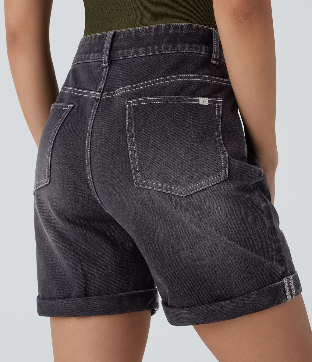Halara Flex™ Short en denim extensible taille haute avec poches multiples, déchirures, ourlet roulotté et effet délavé