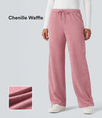 Pantalon chenille gaufré coupe droite taille mi-haute avec poches