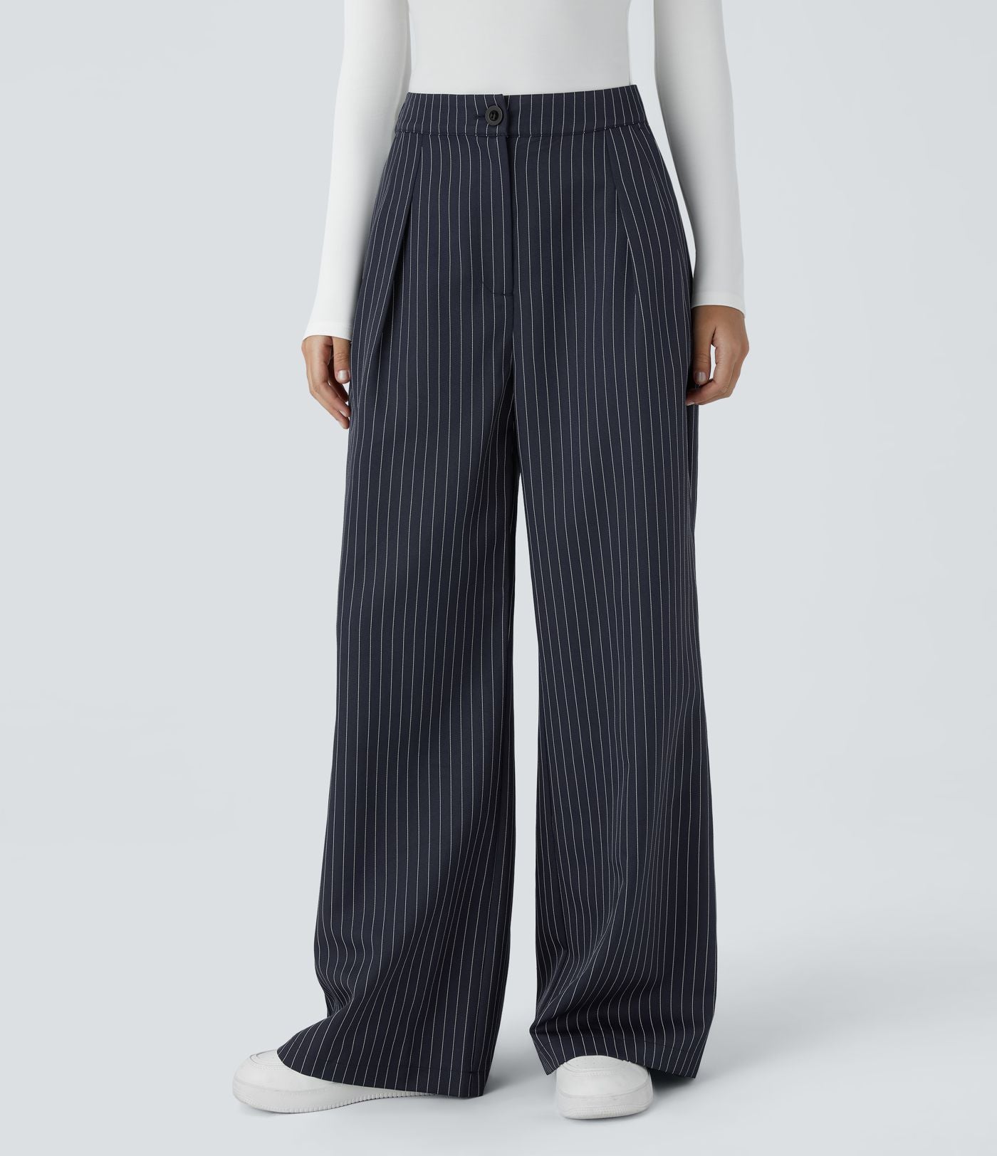 Pantalon Tailleur Large Fluide à Rayures, Taille Haute, Bouton et Fermeture Éclair, Poches Latérales
