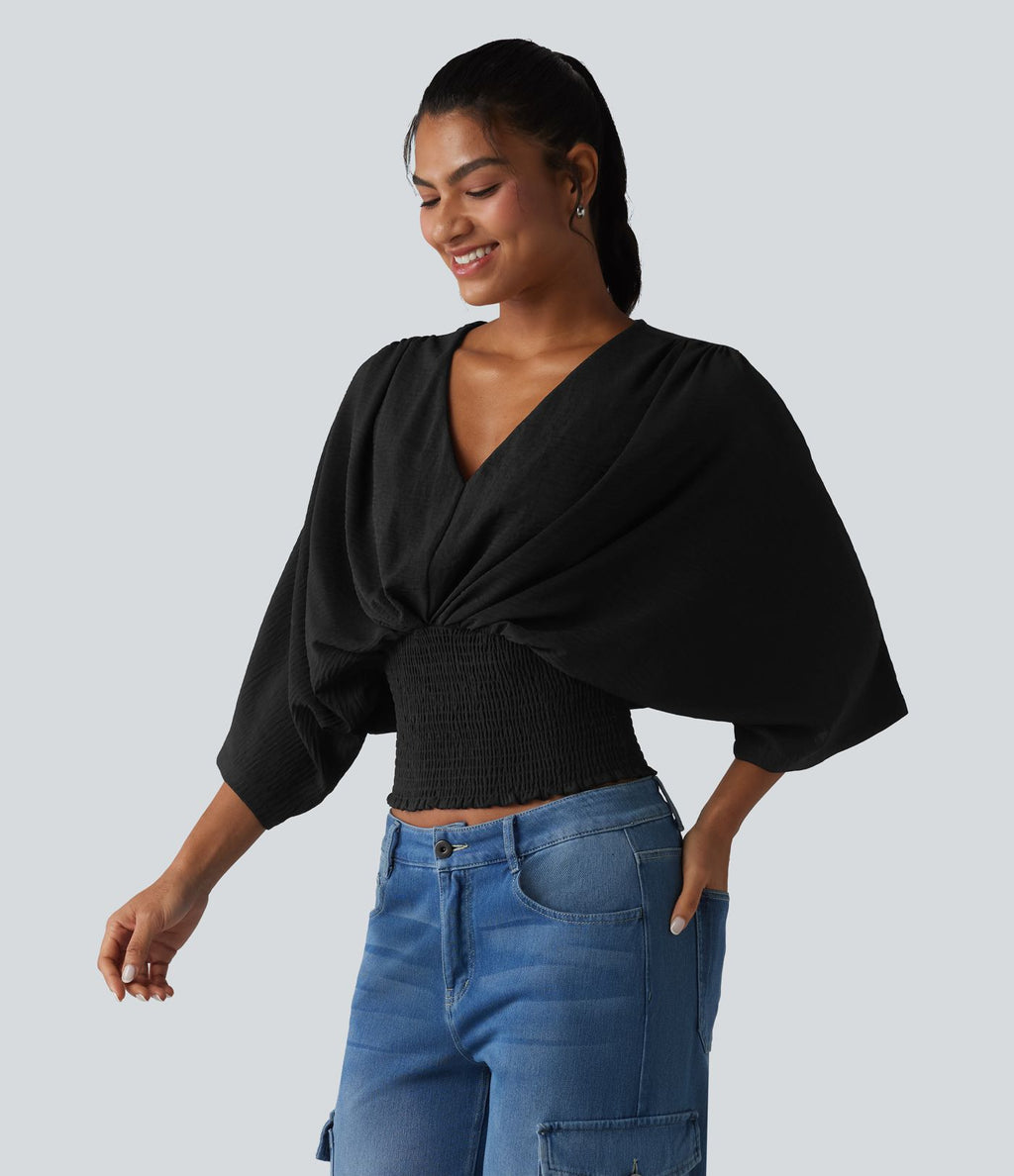 Blouse décontractée effet lin col V, manches chauve-souris et détails froncés