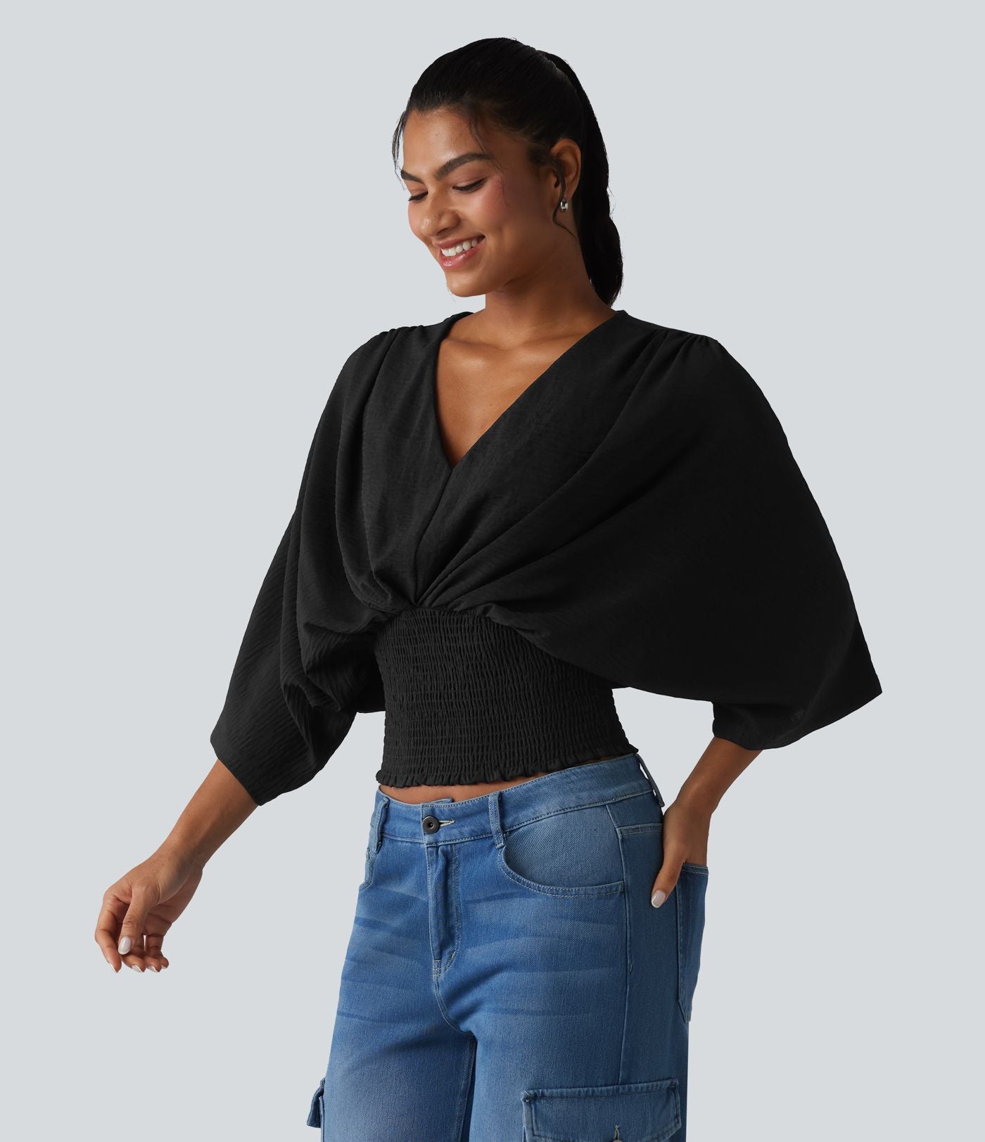 Blouse décontractée effet lin col V, manches chauve-souris et détails froncés