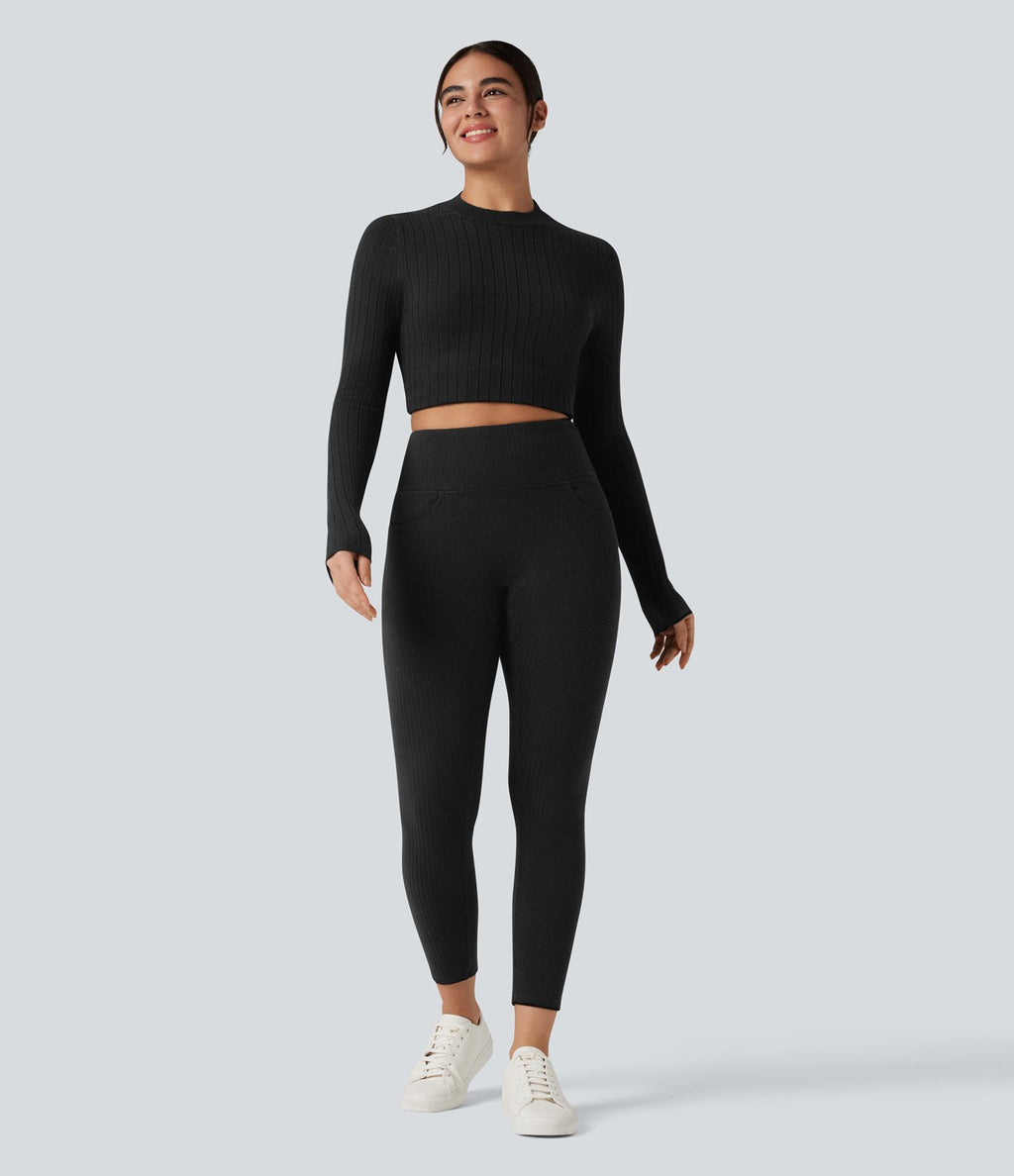 Legging côtelé croisé dans le dos taille haute avec poches