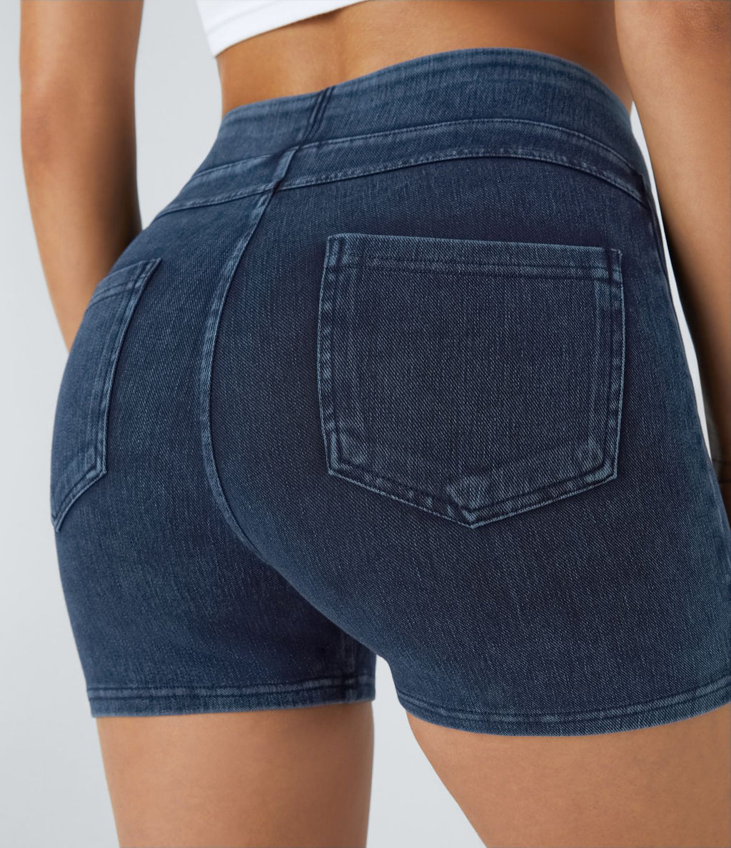 Halara Flex™ Shorts 7,5cm Casual en Denim Tricot Extensible Taille Haute Avec Poches Latérales Arrière