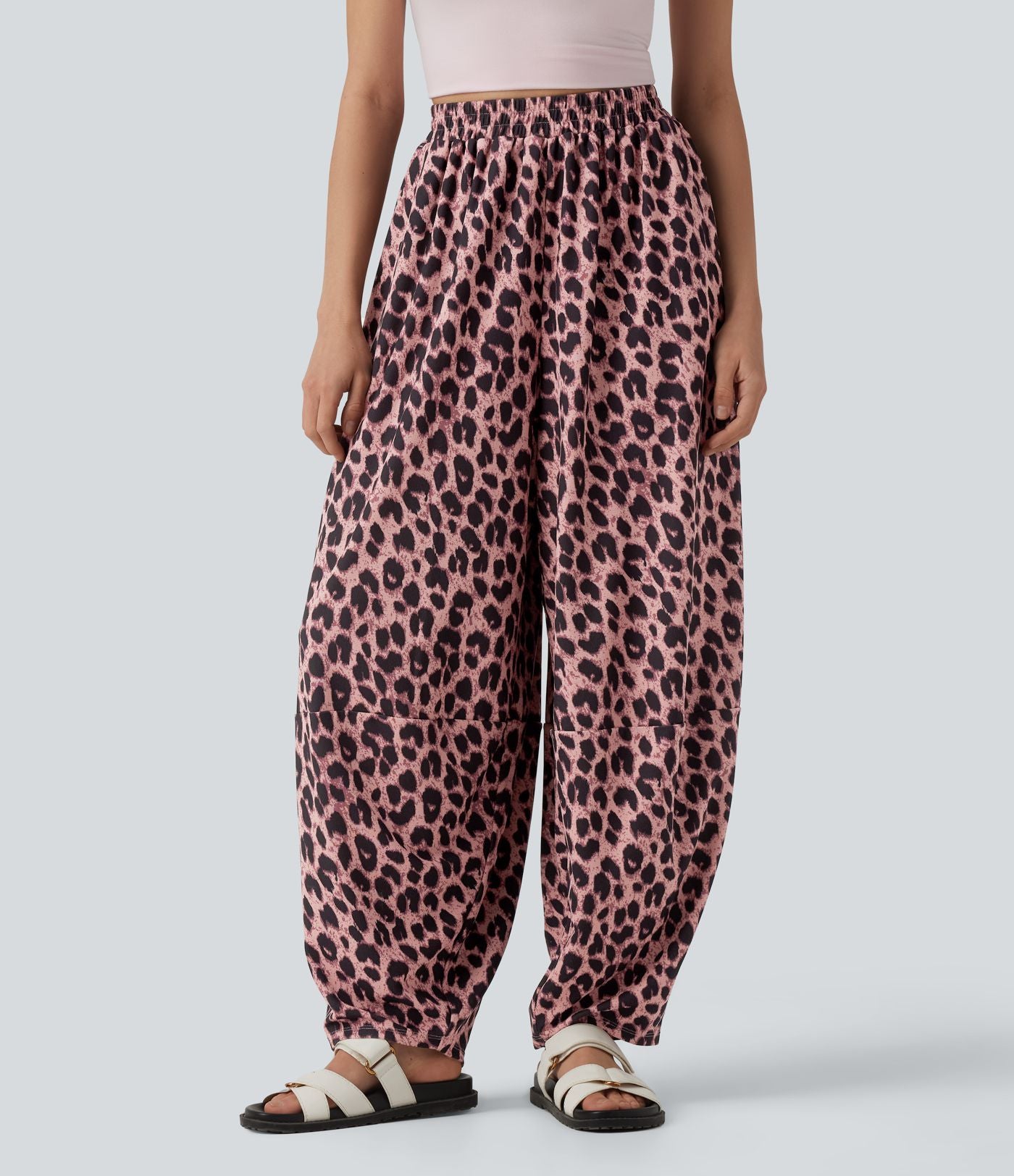 Jogging casual fluide gaufré imprimé léopard taille haute avec poches