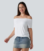 T-shirt casual col épaules dénudées manches courtes