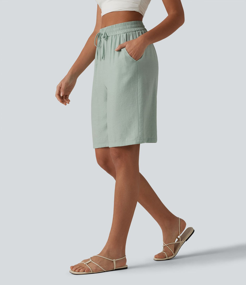 Short décontracté taille haute en lin mélangé avec cordon de serrage et poches, 25 cm