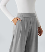 Pantalon taille haute décontracté large en maille gaufrée, avec poches