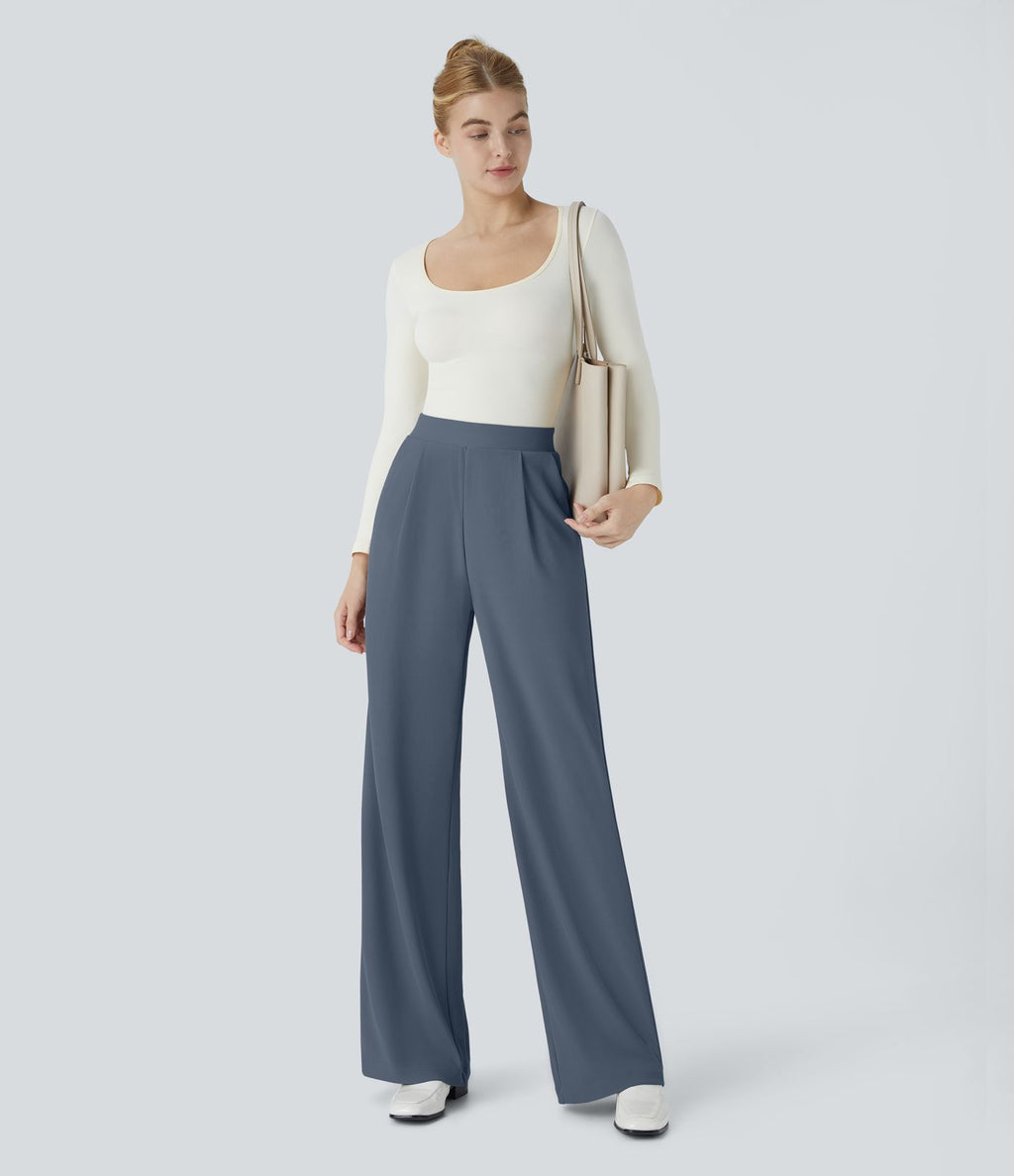 Halara Flex™ Pantalon Tailleur Évasé à Taille Haute Sculptant la Silhouette avec Poches Latérales Micro Waffle