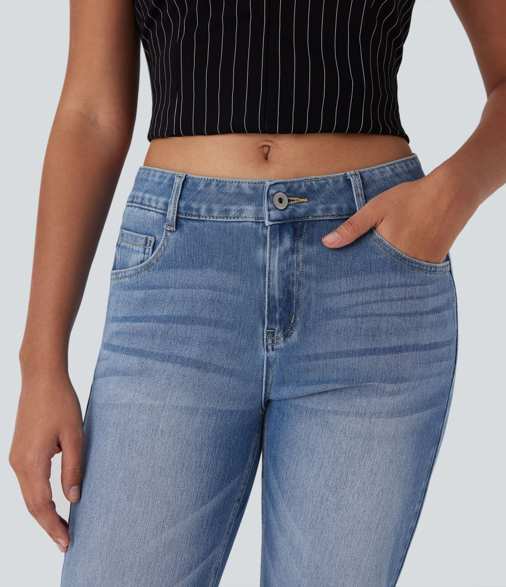 Jean décontracté Halara Flex™ taille basse à jambes droites avec bouton, fermeture éclair, multiples poches, effet délavé en maille extensible