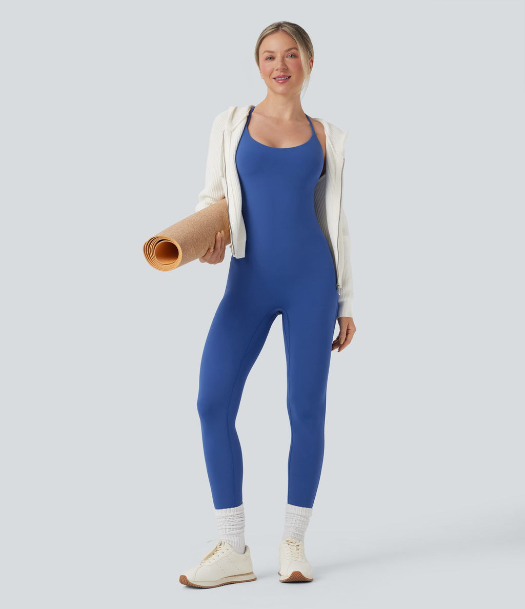 Combinaison de yoga moulante SoftlyZero™ sans manches dos nu à bretelles croisées