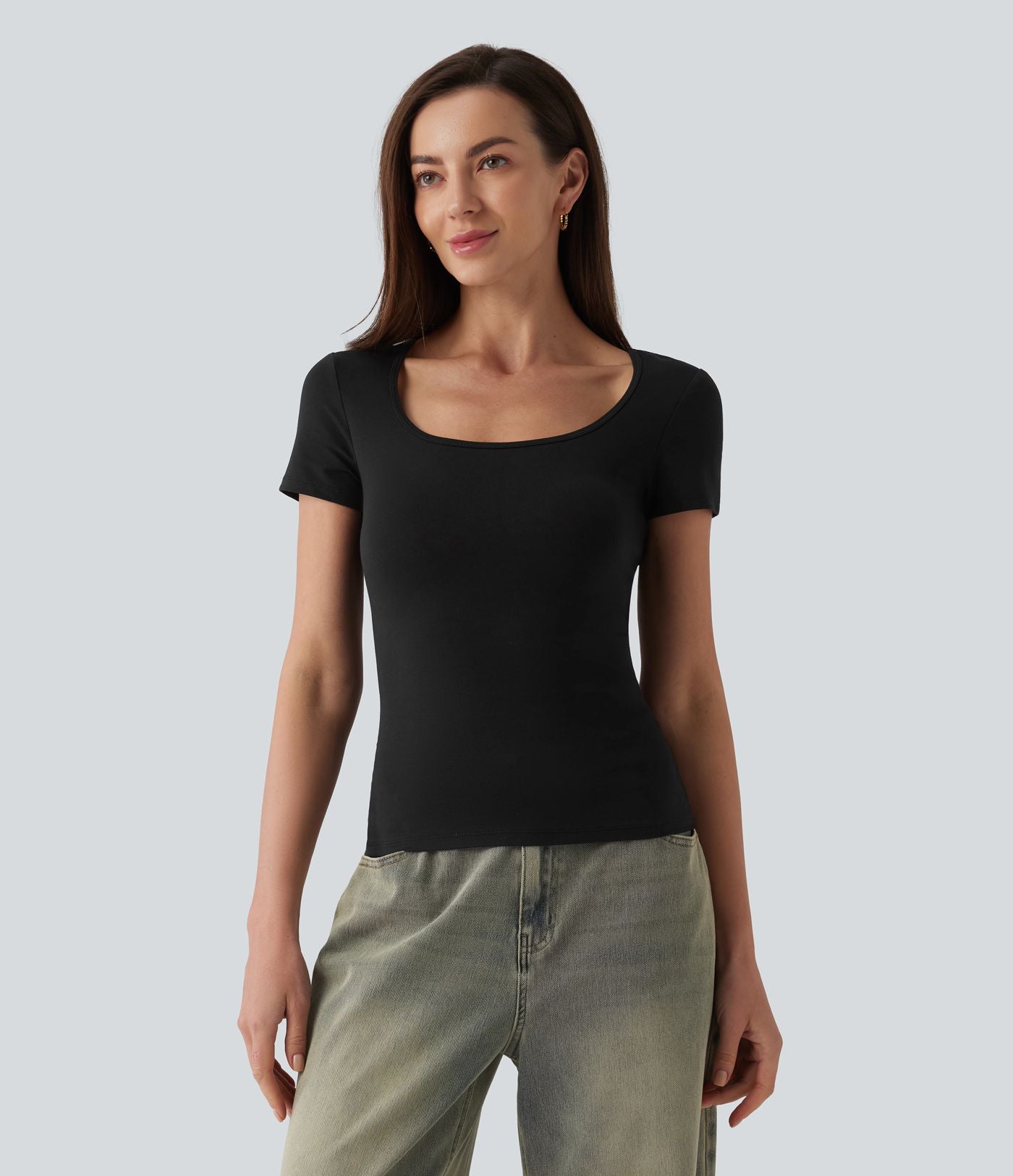 T-shirt Halara décontracté en jersey de coton, col carré, manches courtes, coupe ultra-ajustée effet chiné