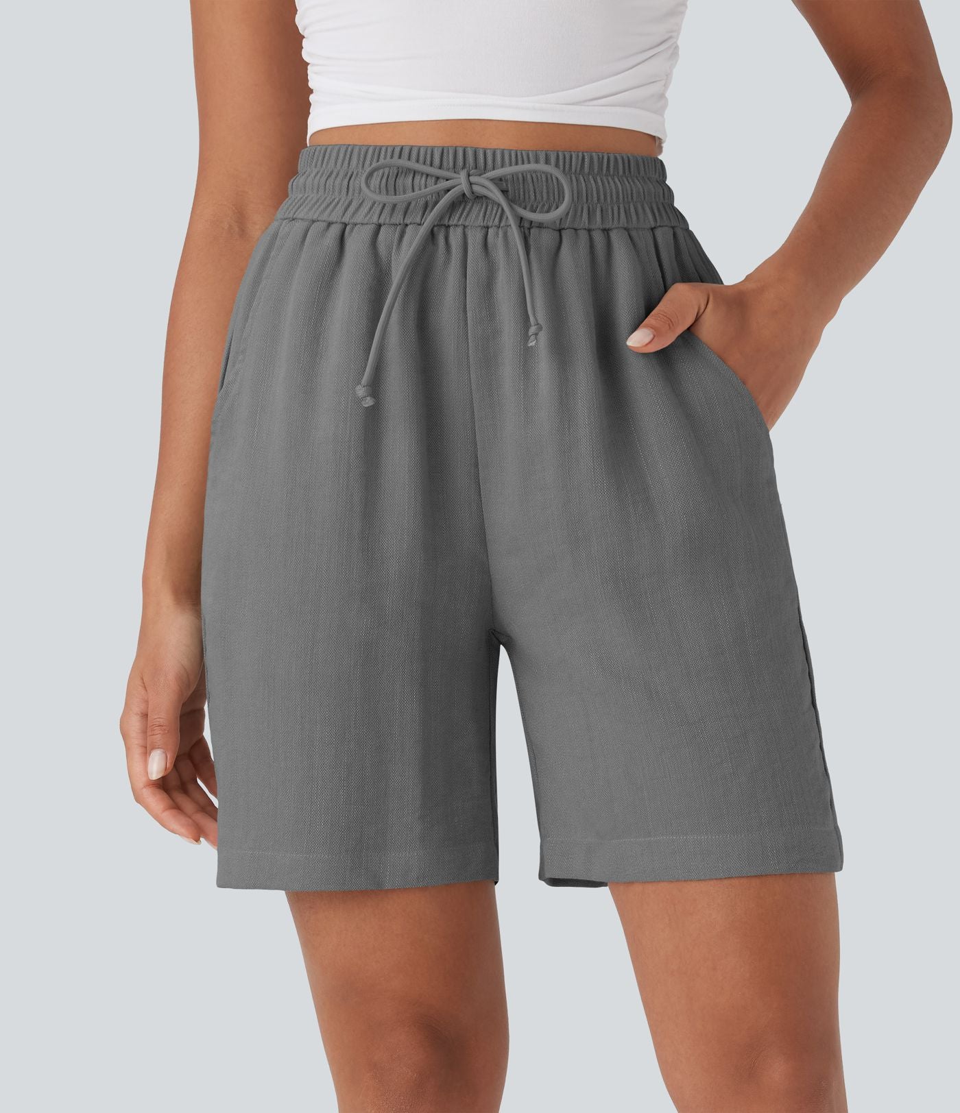 Short décontracté effet lin taille haute avec cordon de serrage et poches latérales