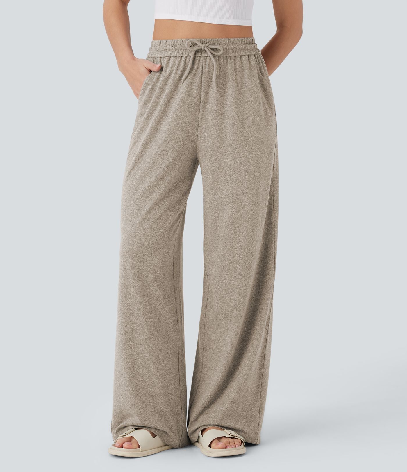 Pantalon large décontracté taille haute avec cordon de serrage et poches latérales