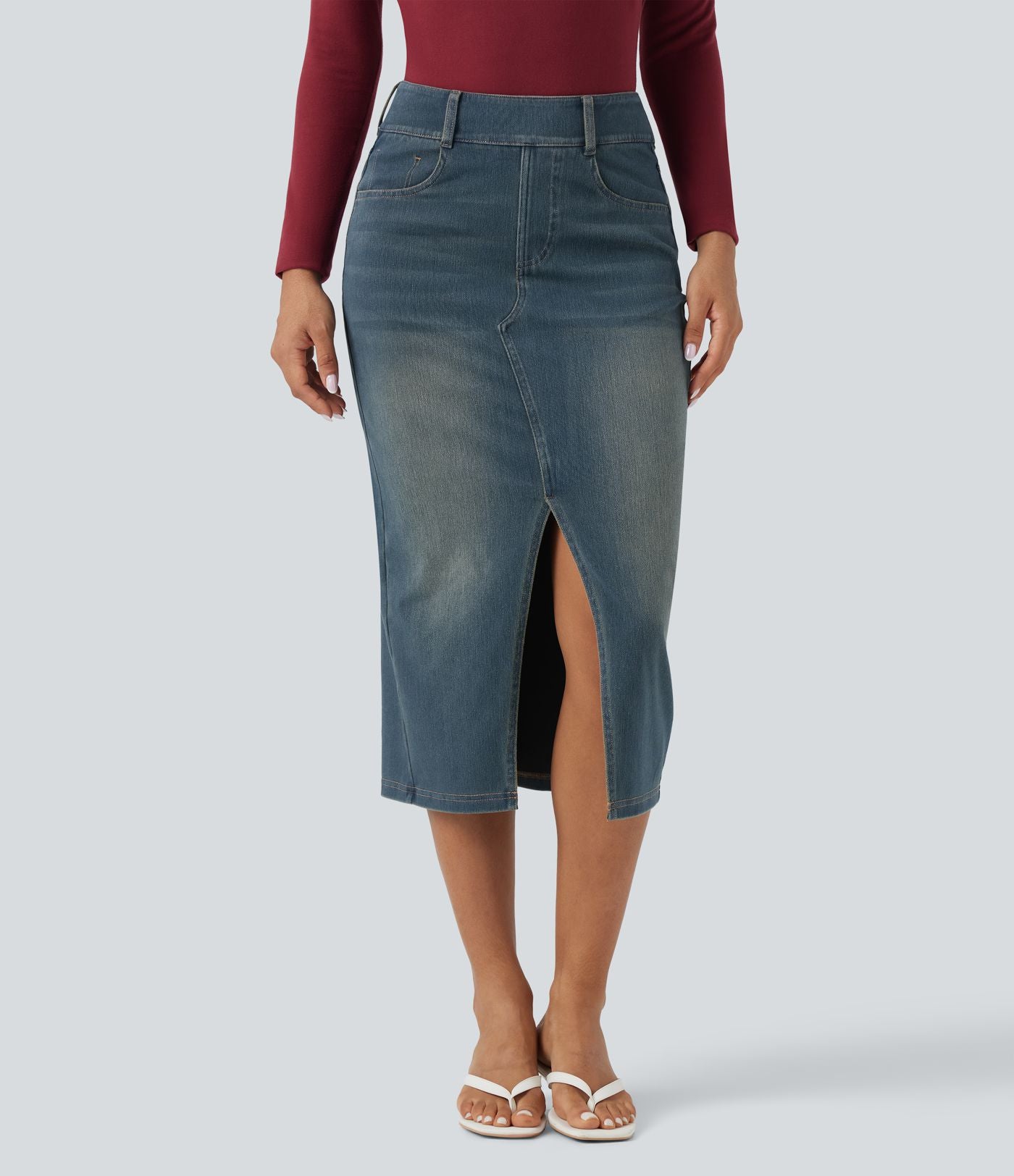 Halara Flex™ Jupe en Jean Casual Mi-Longue Délavé Extensible Plusieurs Poches Taille Haute