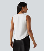 Blouse esprit bureau défroissage facile, col V, dentelle contrastée, fronces et sans manches