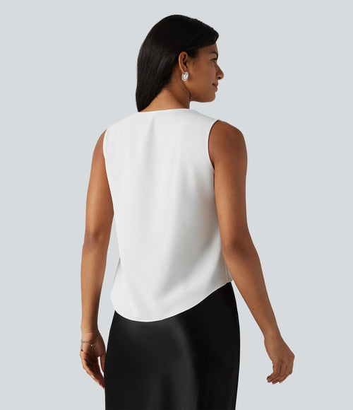 Blouse esprit bureau défroissage facile, col V, dentelle contrastée, fronces et sans manches