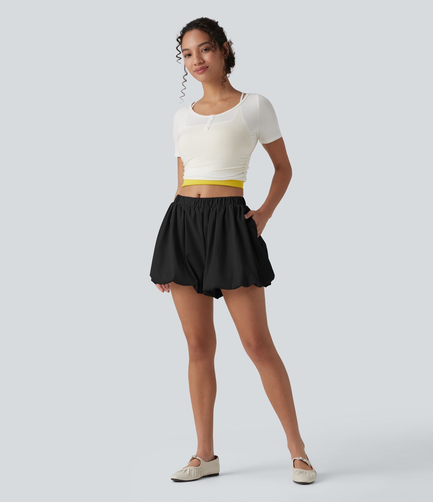 Short bouffant casual taille mi-haute en popeline extensible avec poches