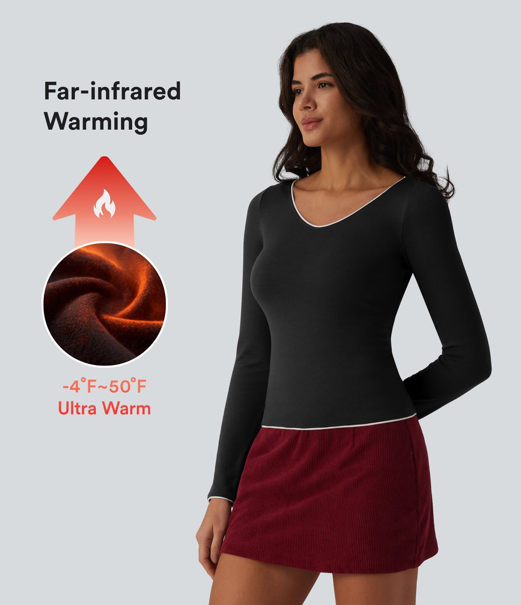 Top casual chauffant Halara HeatCore col V manches longues avec liserés contrastants