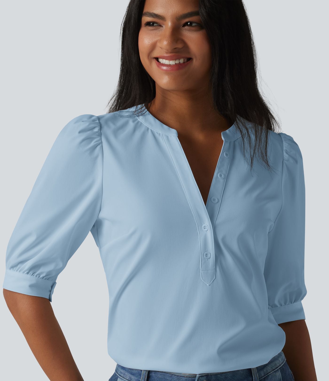 Blouse décontractée col Henley manches bouffantes mi-longues