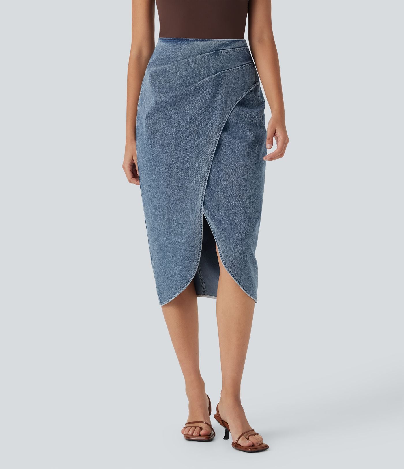 Halara Flex™ Jupe en Jean midi délavé taille haute avec zip dos, effet drapé et ourlet tulipe