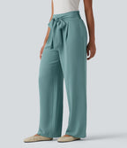 Pantalon droit décontracté aspect lin taille haute à nouer devant avec poches