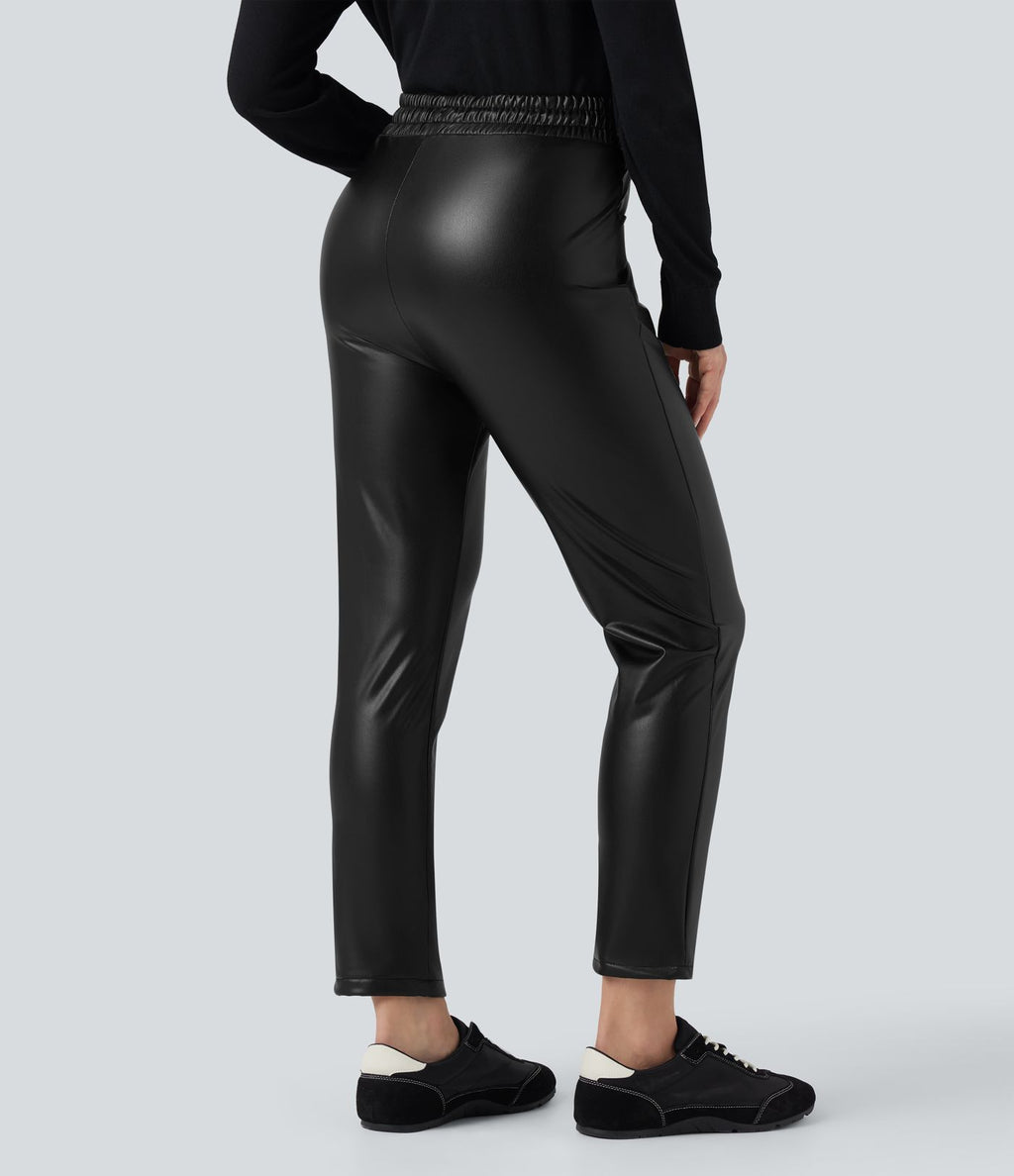 Pantalon fuselé 7/8 décontracté PU molleton extensible taille haute avec cordon et poches