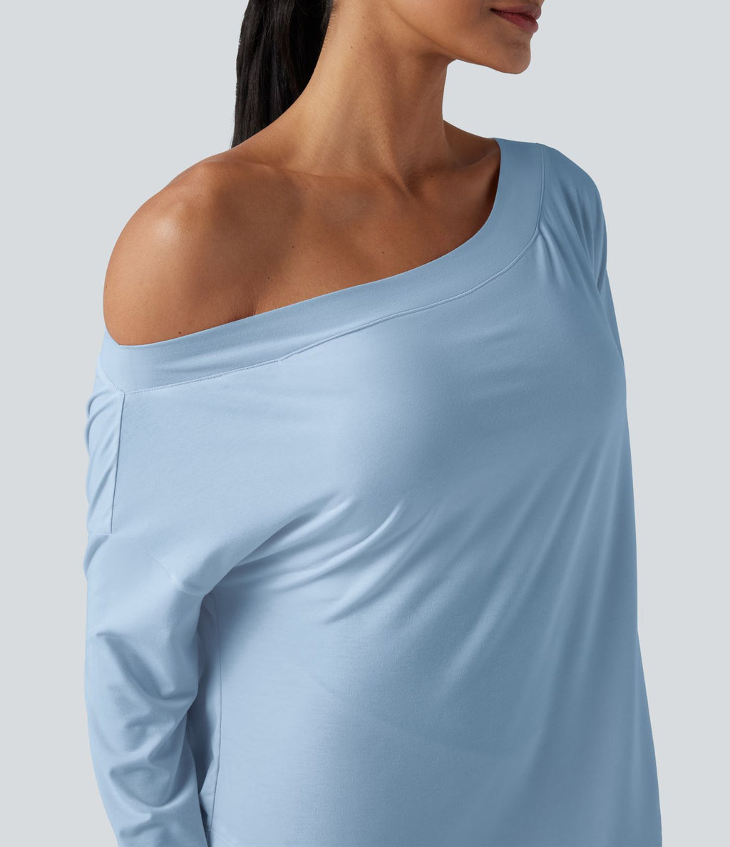 Top de sport yoga une épaule séchage rapide ourlet arrondi asymétrique manches longues avec trous pouces - Brassière intégrée