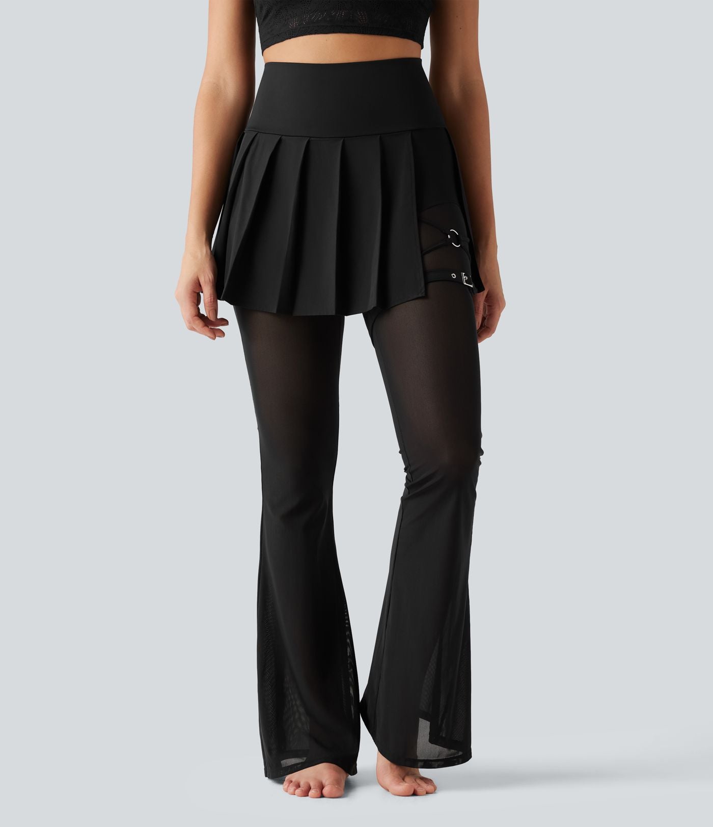 Legging de danse flare Breezeful™ 2-en-1 avec jupe plissée, taille haute, mesh contrasté, séchage rapide et poches