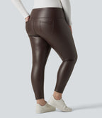 Leggings 7/8 grande taille en simili extensible effet ventre plat, taille haute, intérieur polaire, avec poches