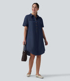 Robe casual mi-longue col manches courtes ourlet courbe avec poches