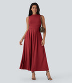 Robe longue décontractée sans manches à col montant, coupe évasée et poches latérales