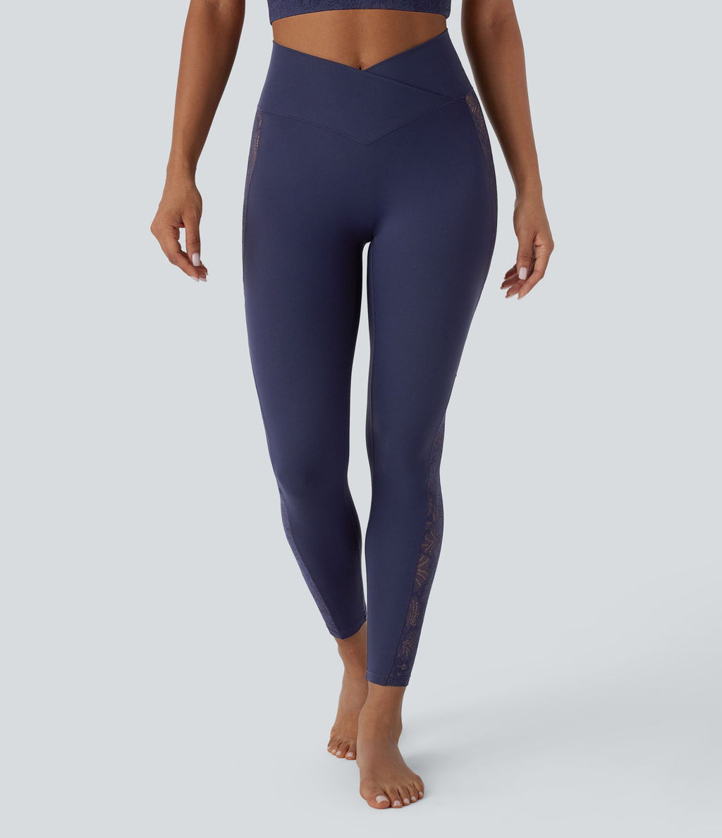 Legging de yoga Softlyzero™ taille haute avec design croisé, dentelle contrastée, sous-vêtement intégré, poche et protection UPF50+