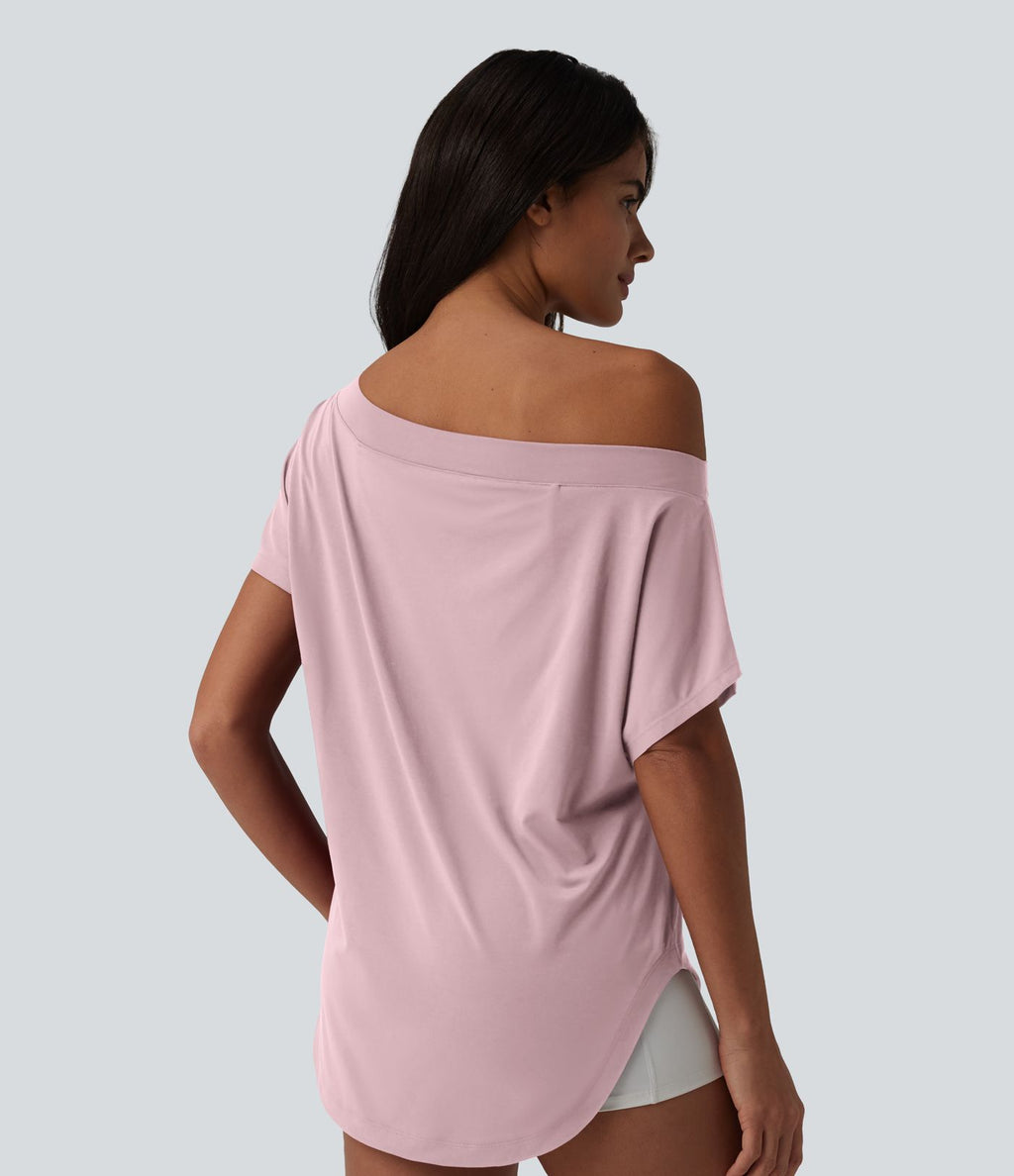 Top de sport yoga asymétrique à épaule dénudée manches courtes ourlet arrondi et coupe asymétrique à séchage rapide – Soutien-gorge intégré
