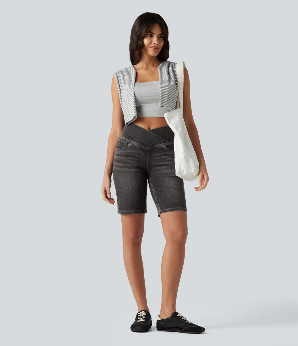 Short en jean Halara Flex™ casual gainant taille haute croisée avec poches