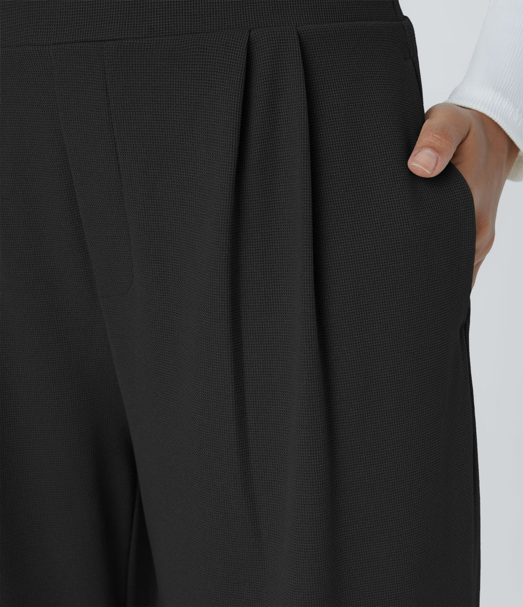 Halara Flex™ Pantalon Tailleur en Tissu Gaufré Taille Haute avec Large Ceinture Plis Poches Latérales Jambes Larges