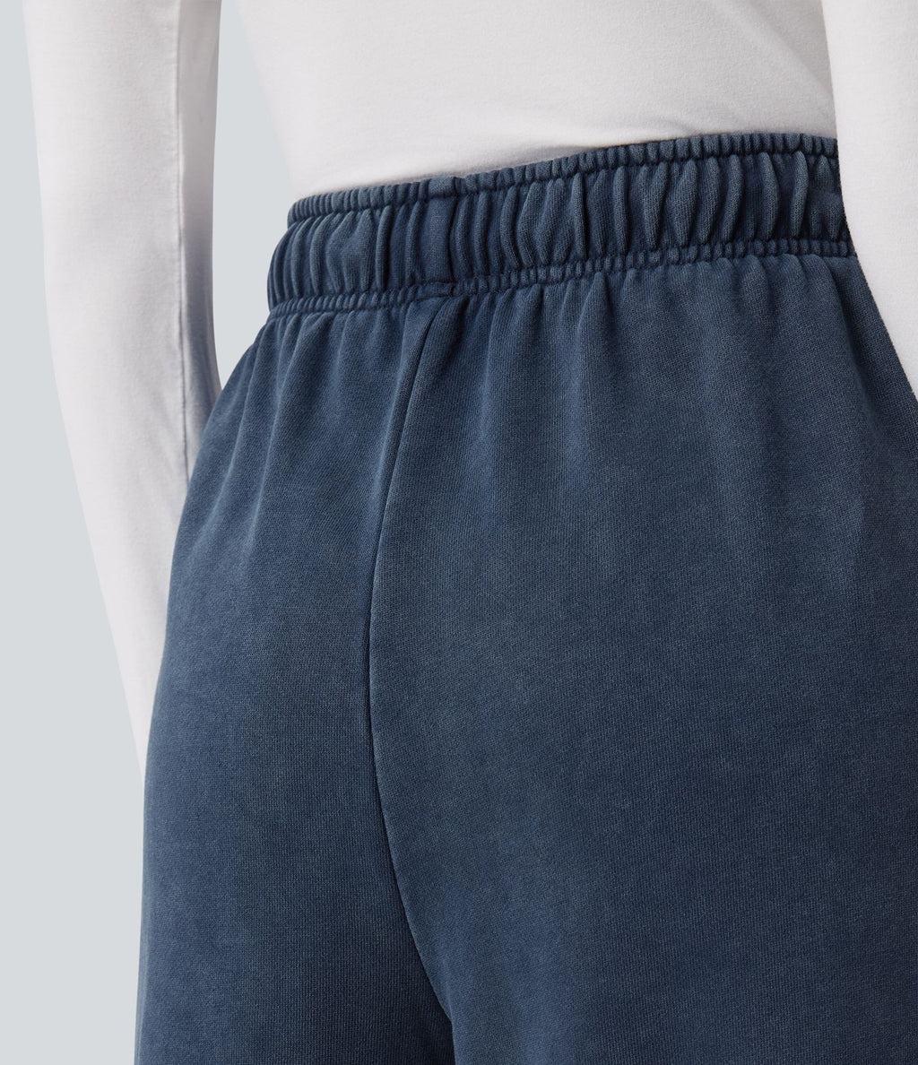 Pantalon jogging en coton molleton français délavé taille haute avec cordon de serrage et poches