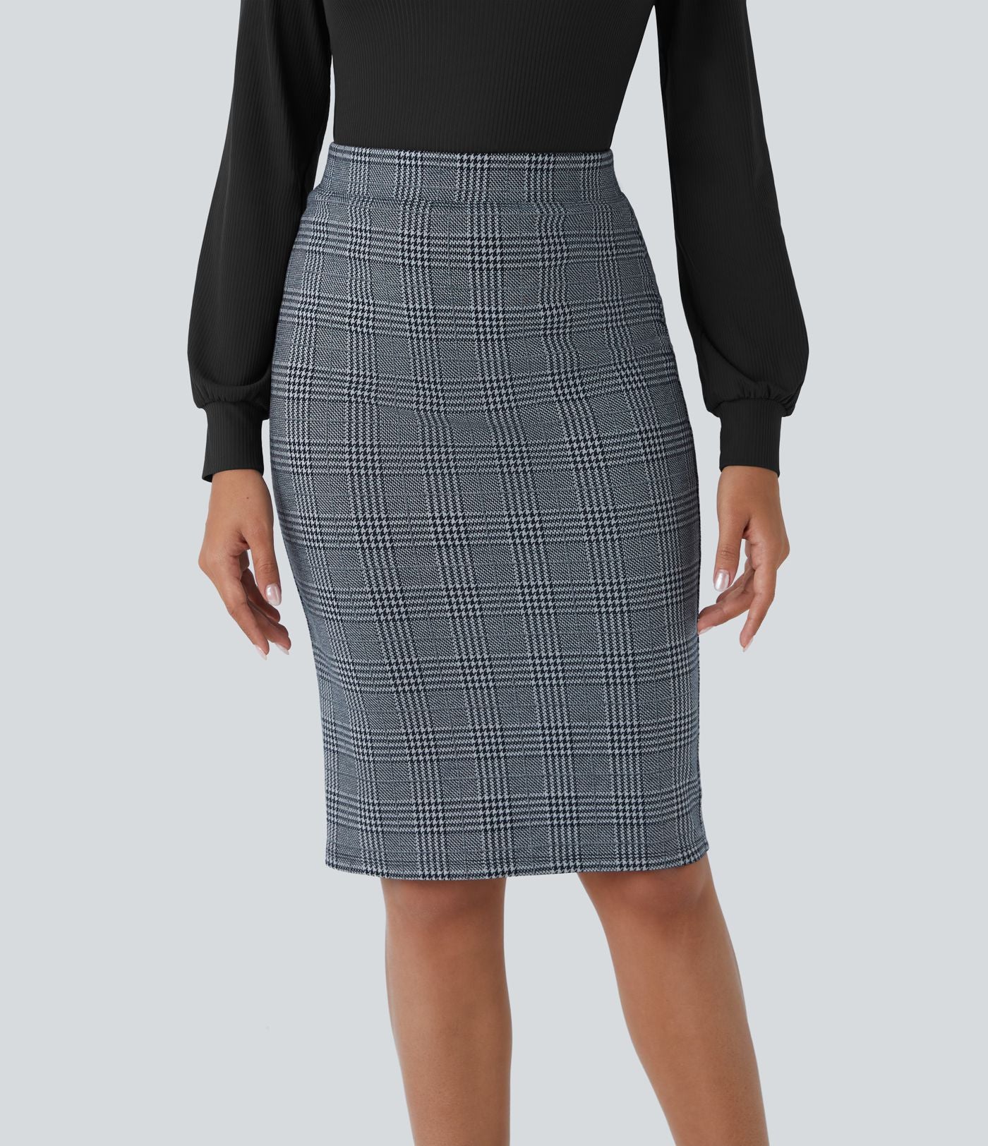 Jupe crayon de travail à taille haute, fente et motif pied-de-poule et carreaux