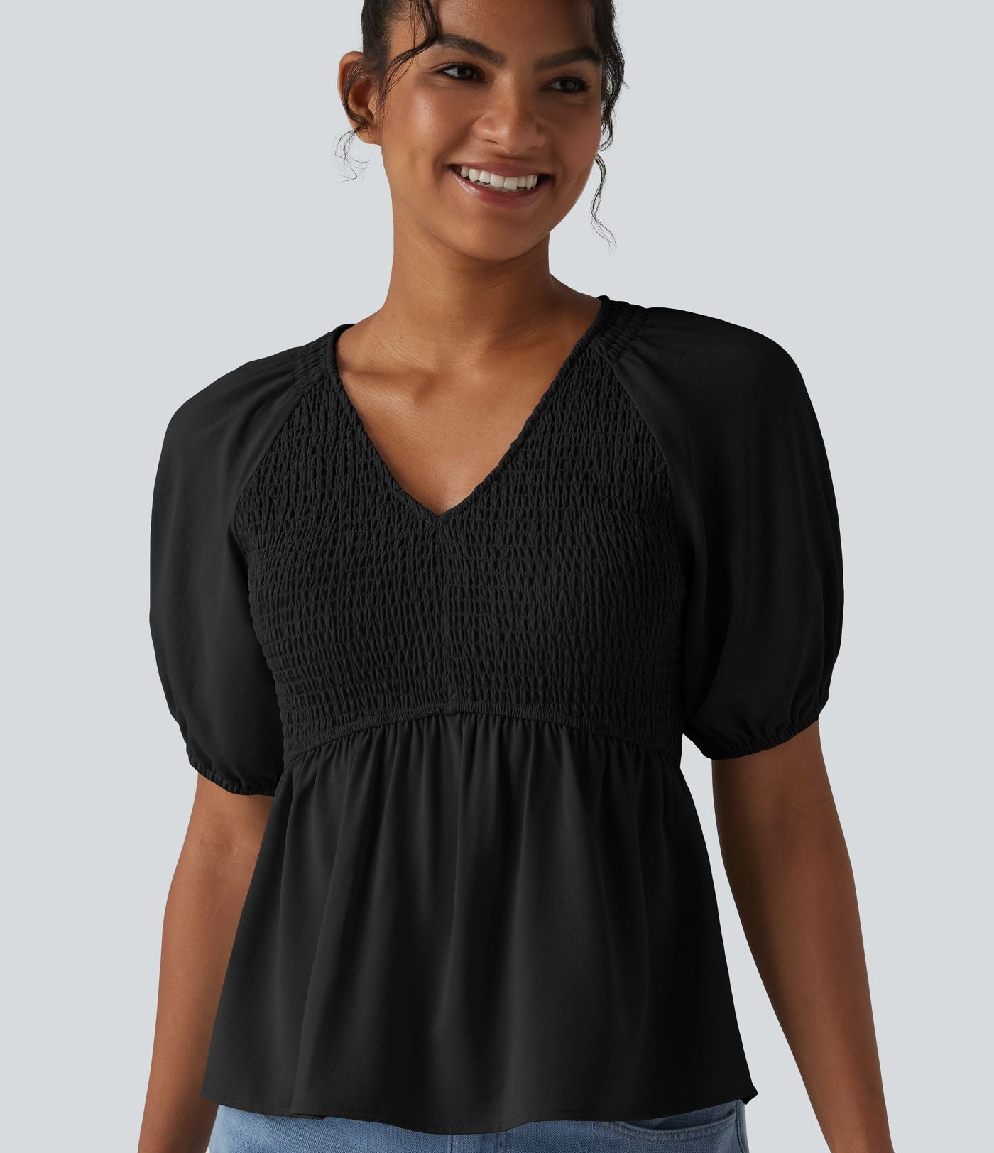 Blouse décontractée col V manches courtes bouffantes avec fronces