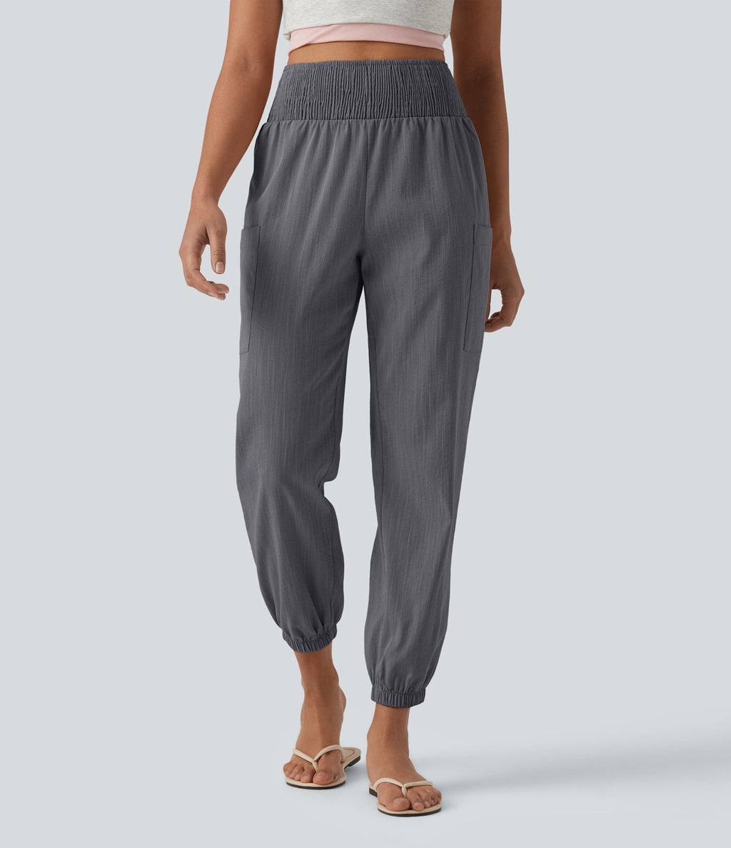 Jogging fuselé décontracté aspect lin froncé taille haute avec poches