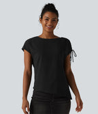 T-shirt tailleur en mousseline infroissable col bateau avec cordon de serrage et ourlet asymétrique