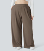 Pantalon de travail grande taille Halara Flex™ à taille haute sculptante et amincissante, poches latérales, jambes larges et tissu micro-gaufré