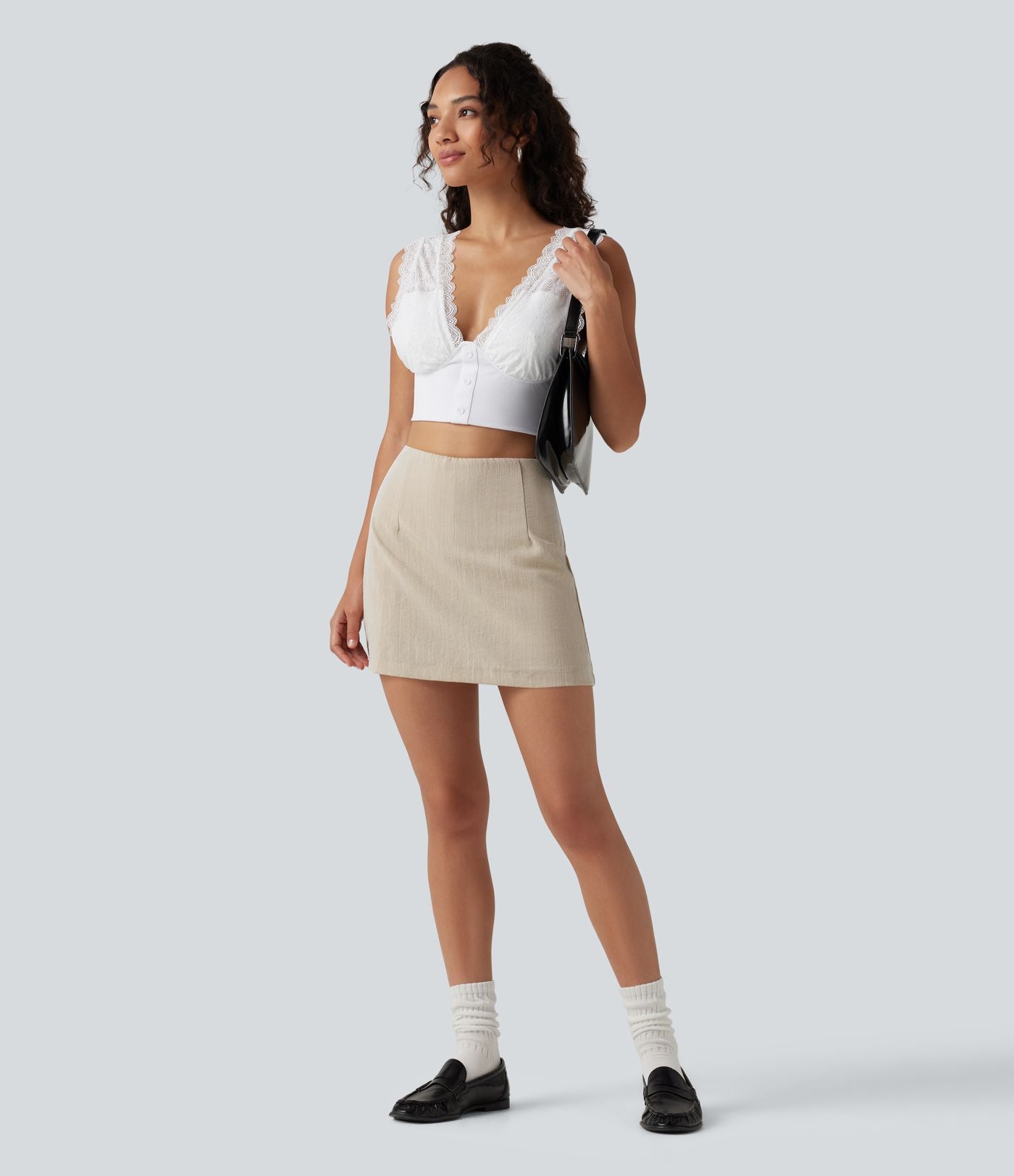 Jupe mini trapèze 2-en-1 décontractée effet lin, taille haute