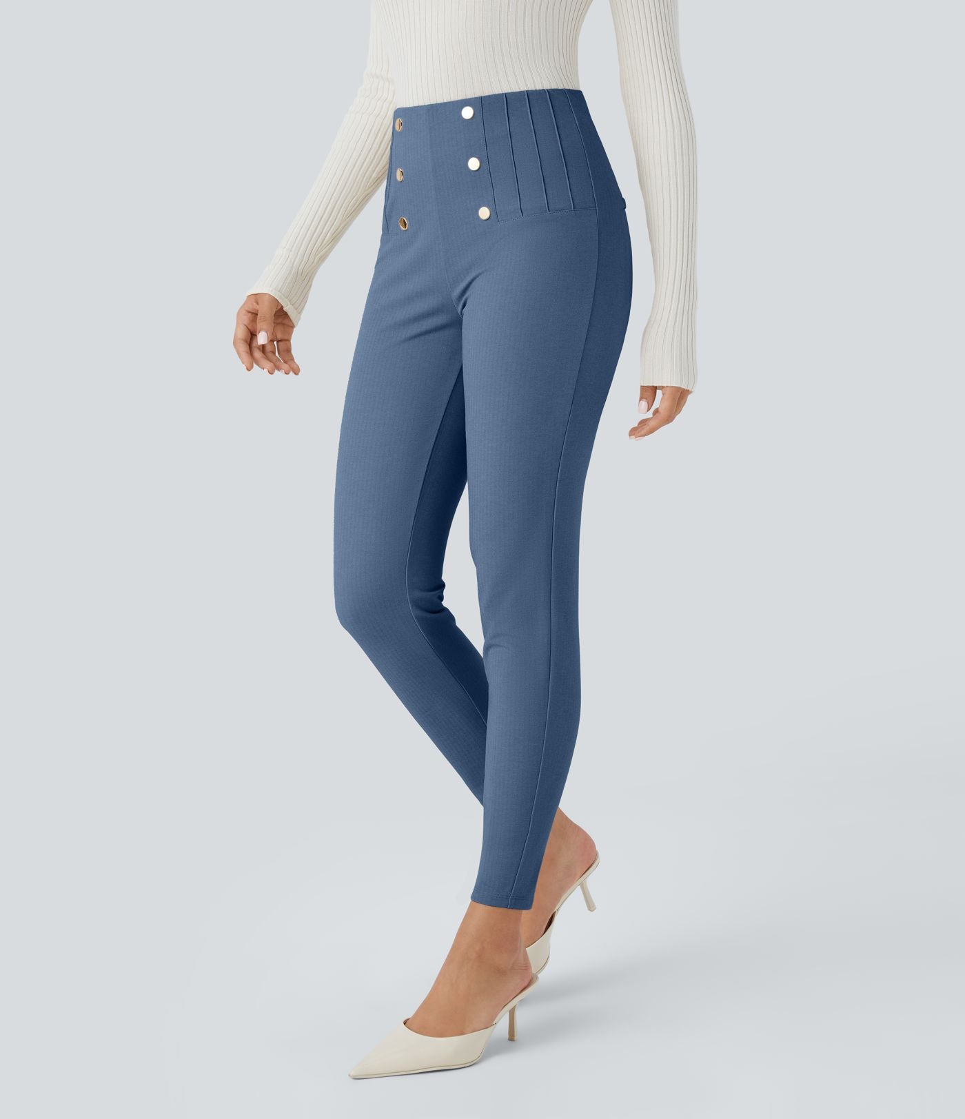 Pantalon tailleur skinny gainant taille haute à chevrons avec poches arrière zippées décoratives